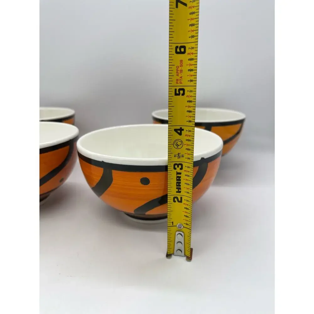 Pier 1 Hand Painted ITALY Orange & Black Dots Wavey Lines Set of 4 Cereal Bowls